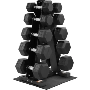 Rubber Coated Hex Dumbbell Weight Set with Storage Rack